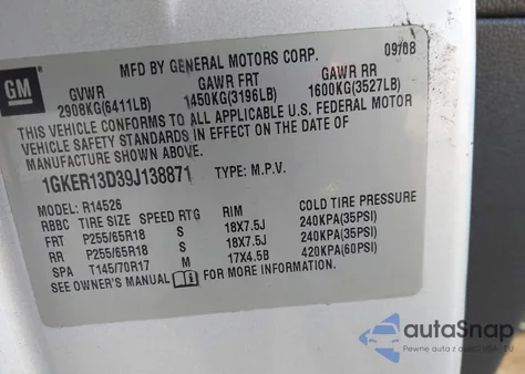 2009 GMC Acadia Sle-1 из США, поврежденный, VIN 1GKER13D39J138871